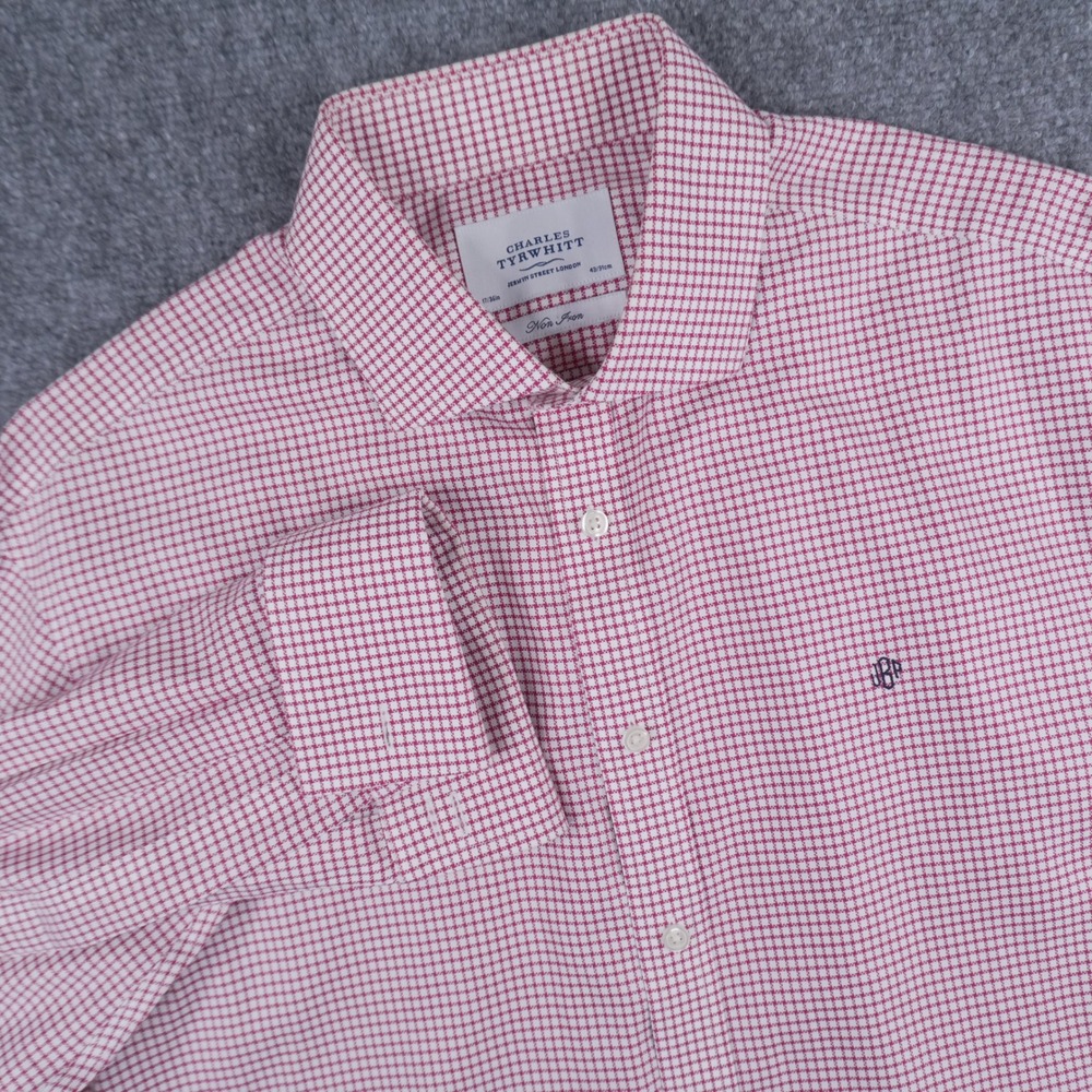 Charles Tyrwhitt Dress Shirt Mens 17/36 Pink Micro Check Non Iron French Cuff